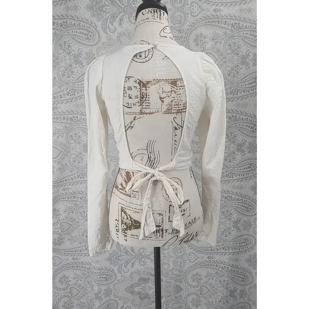Free People Women's long sleeve crop top cinch front Ivory Size XS Boho Chic